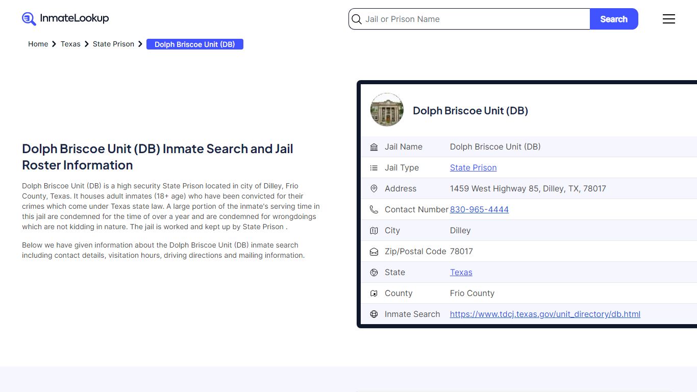 Dolph Briscoe Unit (DB) Inmate Search and Jail Roster Information